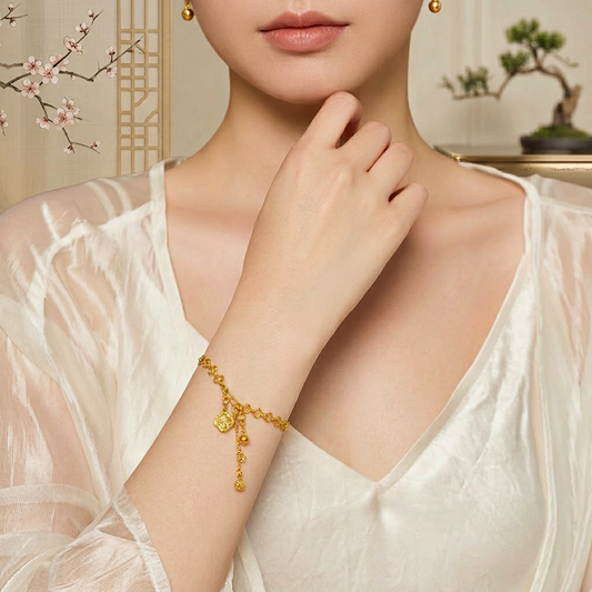 24k Gold Begonia Blossom Charm Chain and Link Vintage Style Minimal Bracelet
