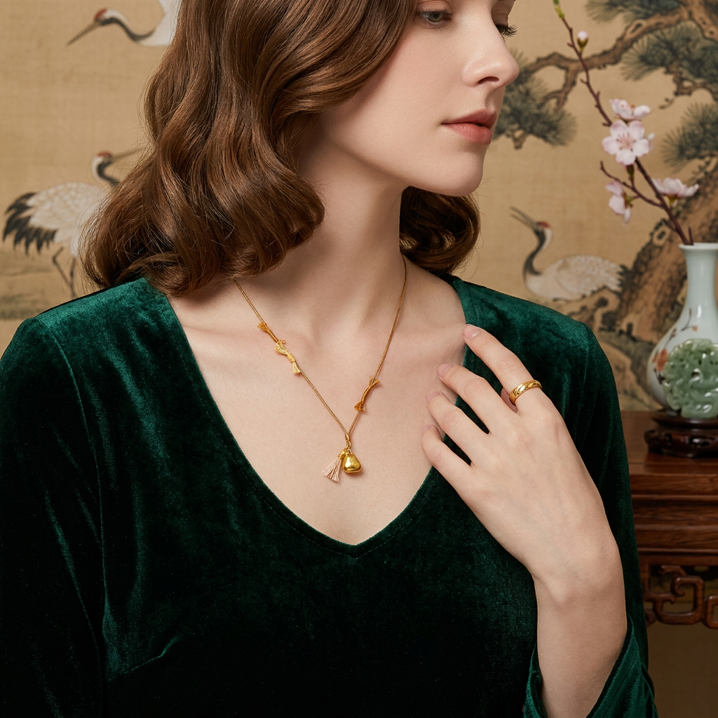 24k Gold "Golden Mountain" Pendant Adjustable Braided Cord Necklace
