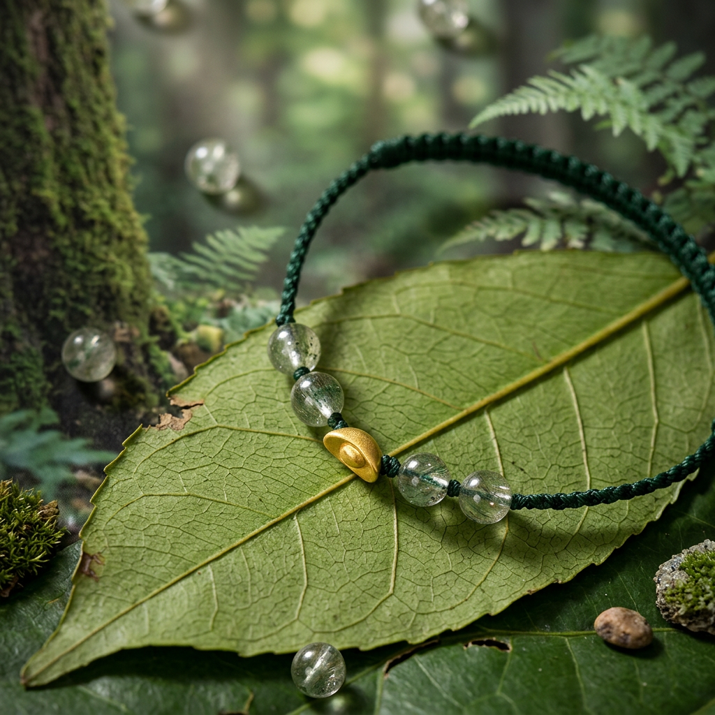 24K Gold Mini Ingot Green Phantom Quartz Crystal Beads Adjustable String Bracelet and Anklet