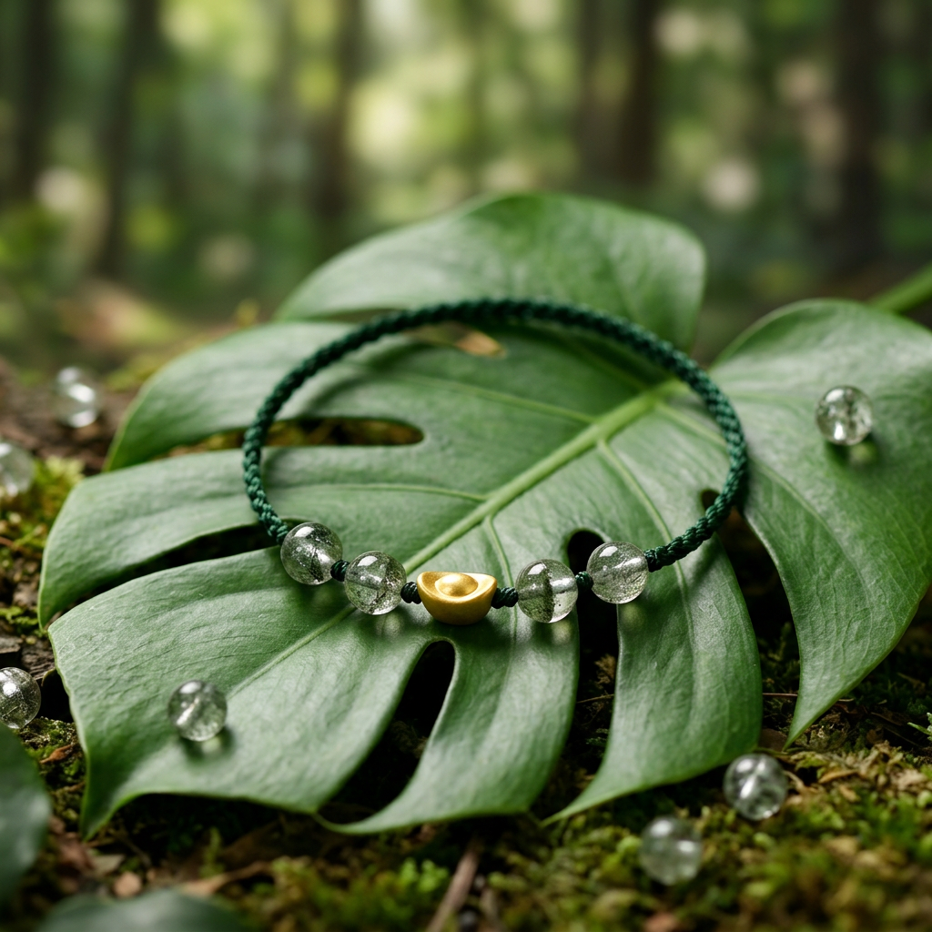 24K Gold Mini Ingot Green Phantom Quartz Crystal Beads Adjustable String Bracelet and Anklet