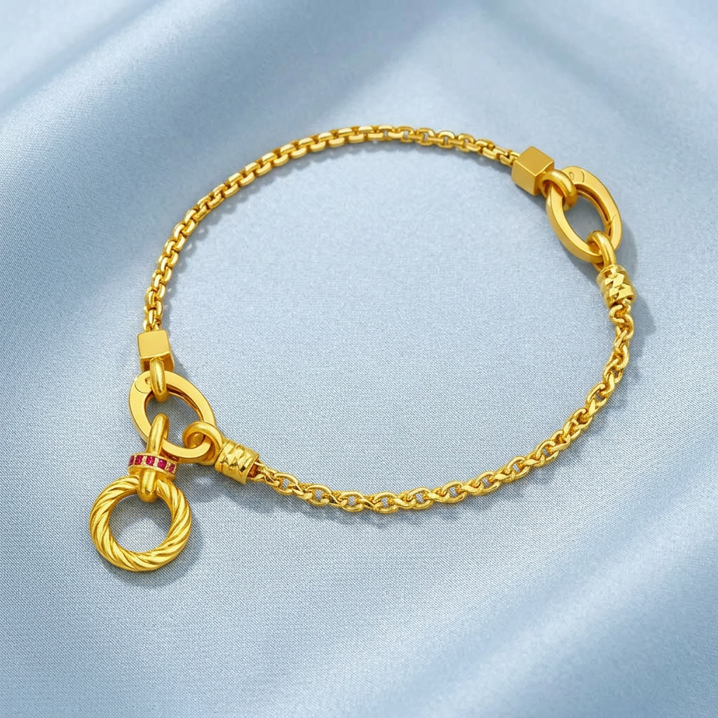 24k Gold Twisted Auspicious Cloud Circle Charms Minimal Chain Link Bracelet
