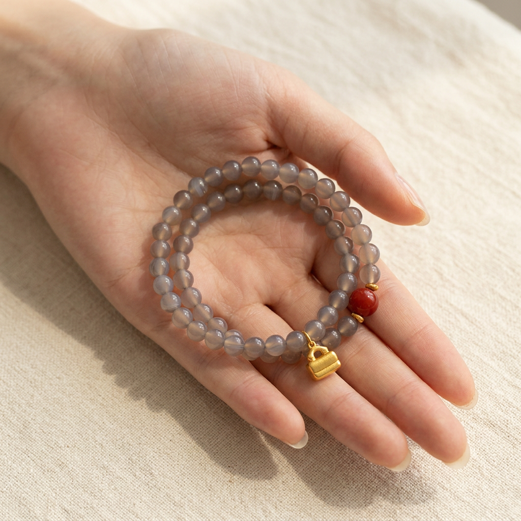 24k Pure 999 Gold Charm Natural Gray Agate & Nanhong Agate Beads Cherish Blessings Bracelet