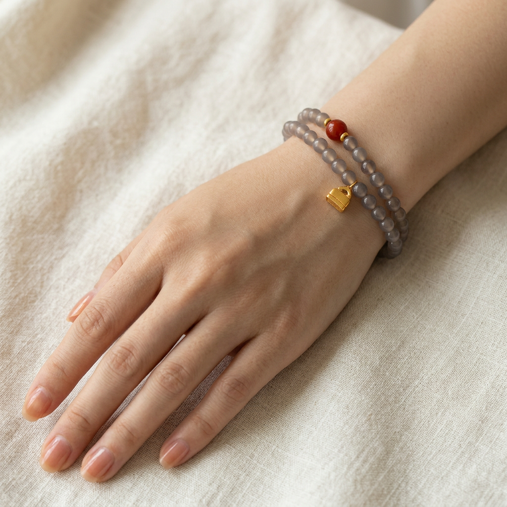 24k Pure 999 Gold Charm Natural Gray Agate & Nanhong Agate Beads Cherish Blessings Bracelet