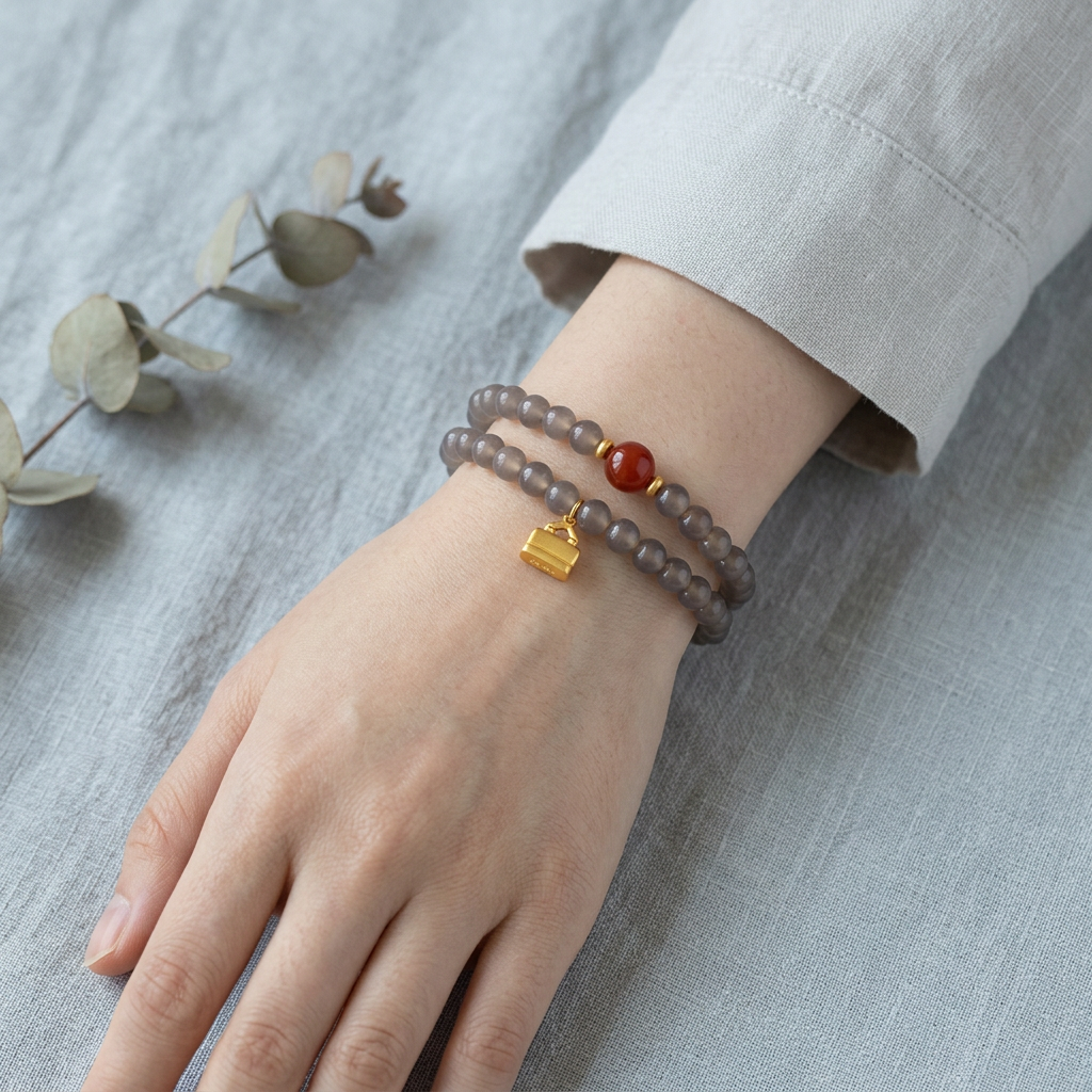 24k Pure 999 Gold Charm Natural Gray Agate & Nanhong Agate Beads Cherish Blessings Bracelet