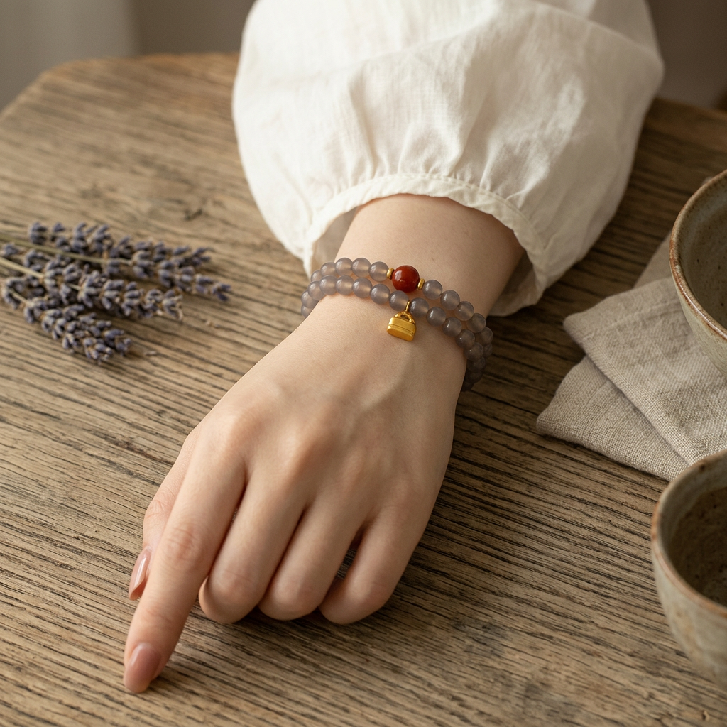 24k Pure 999 Gold Charm Natural Gray Agate & Nanhong Agate Beads Cherish Blessings Bracelet