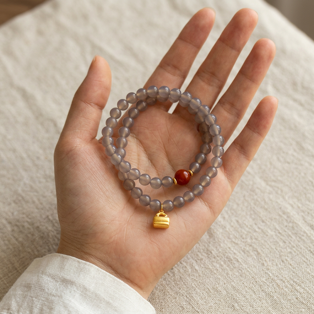 24k Pure 999 Gold Charm Natural Gray Agate & Nanhong Agate Beads Cherish Blessings Bracelet