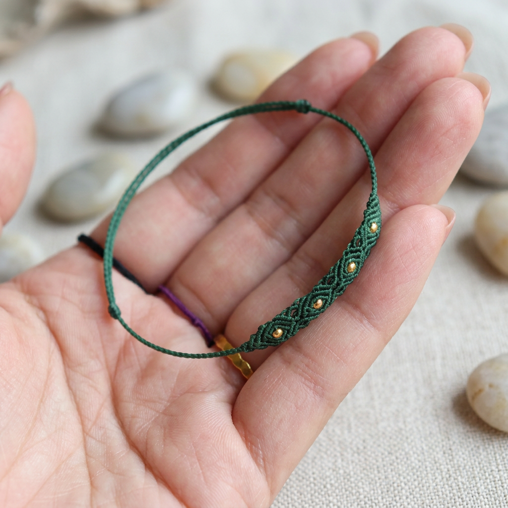 24k Gold Beads Minimal Braided Pattern Knot Lace Untra-Fine Adjustable Cord Bracelet