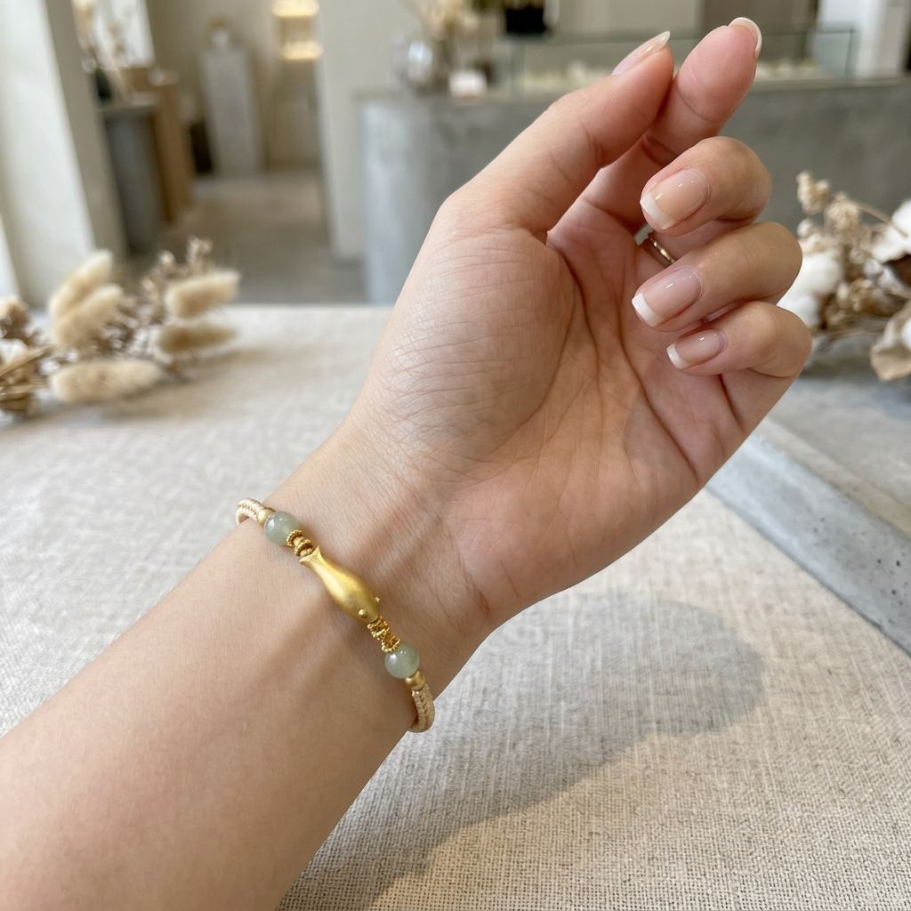 24K 999 Gold Fish Charm Jade Beads Braided Adjustable Cord Bracelet