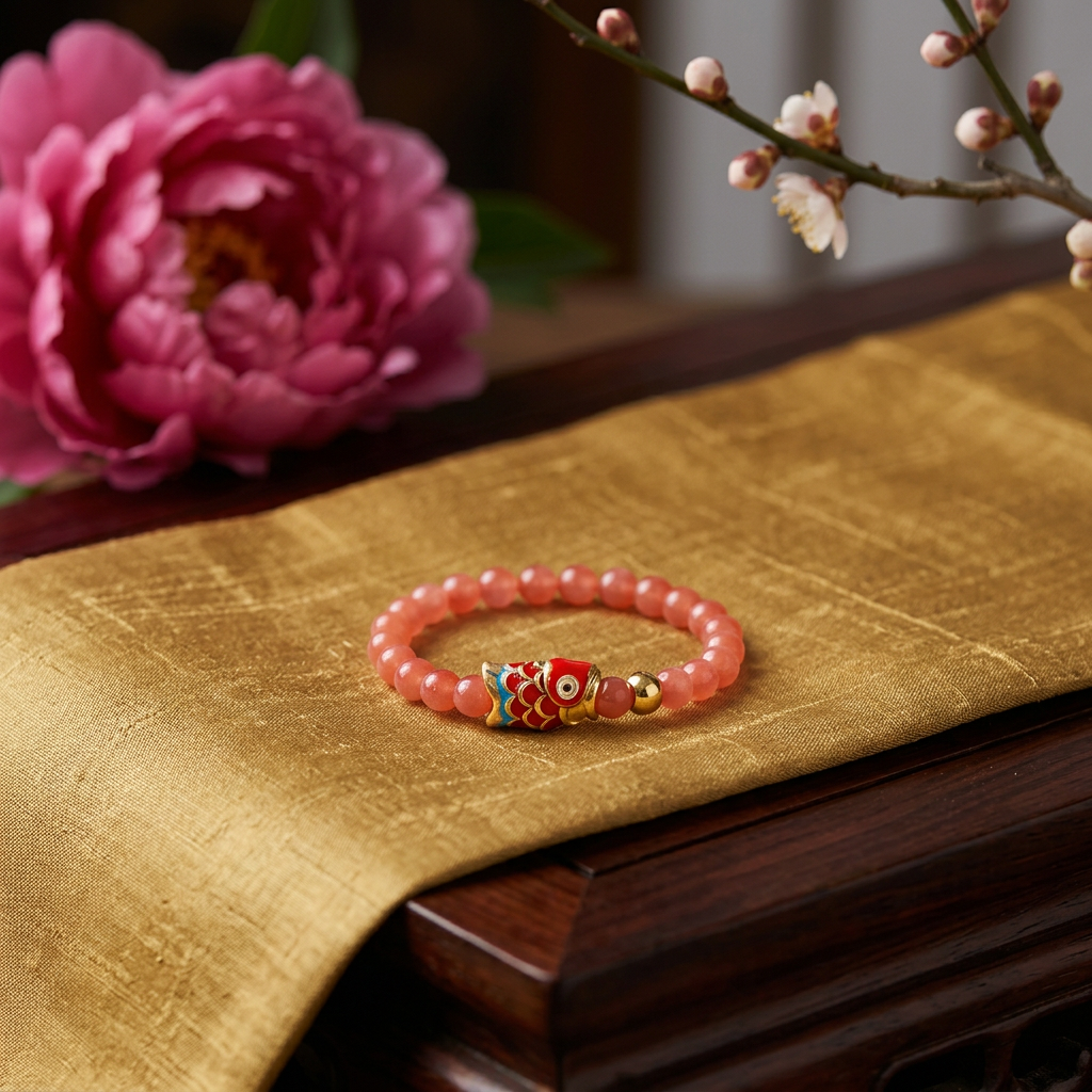 24k 999 Gold Carp Koi Fish Charm Beads High-Quality Natural Cherry Red Agate Ring