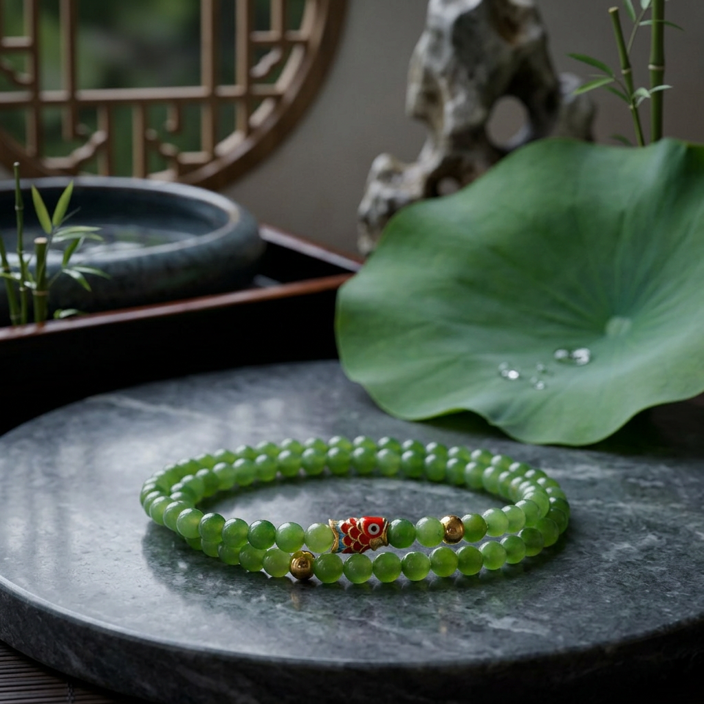 24k 999 Gold Carp Koi Fish Charm Beads Natural Jade Apple Green Jasper Bracelet