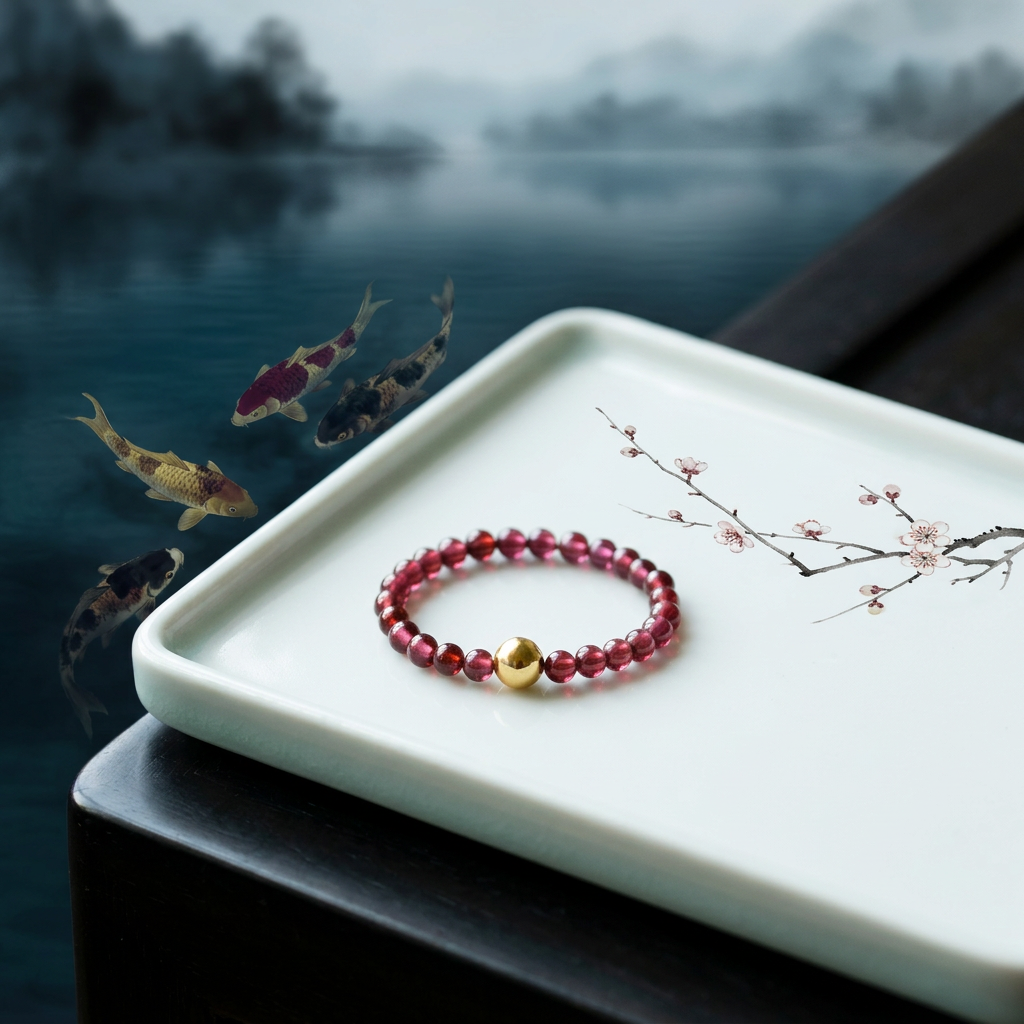 24k 999 Gold Carp Koi Fish Charm Beads High-Quality Natural Garnet Ring