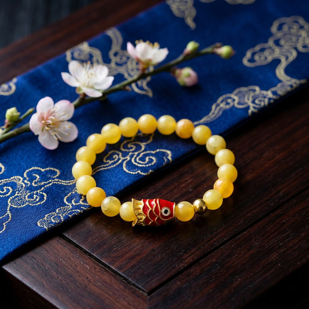 24k 999 Gold Carp Koi Fish Charm Beads High-Quality Natural Beeswax Amber Bracelet