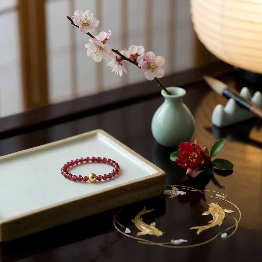 24k 999 Gold Carp Koi Fish Charm Beads High-Quality Natural Garnet Ring