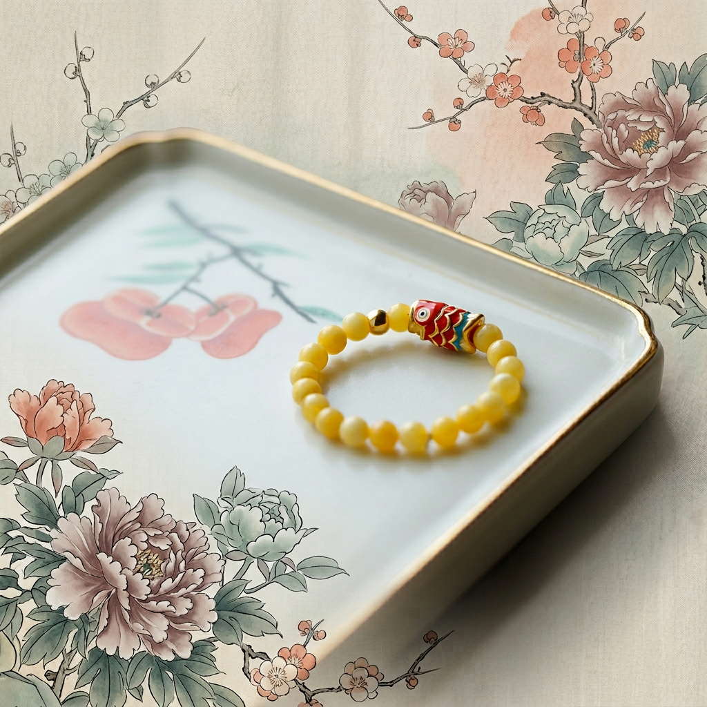 24k 999 Gold Carp Koi Fish Charm Beads High-Quality Natural Beeswax Amber Bracelet