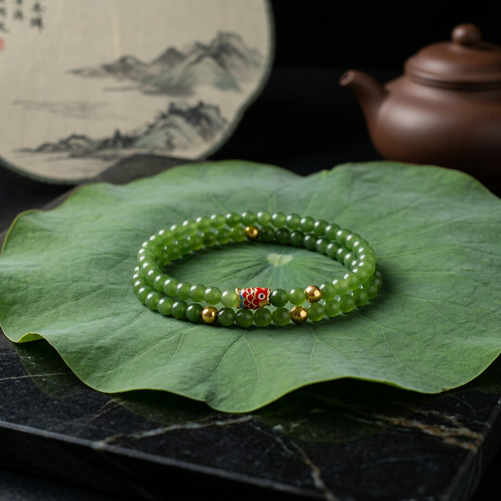 24k 999 Gold Carp Koi Fish Charm Beads Natural Jade Apple Green Jasper Bracelet