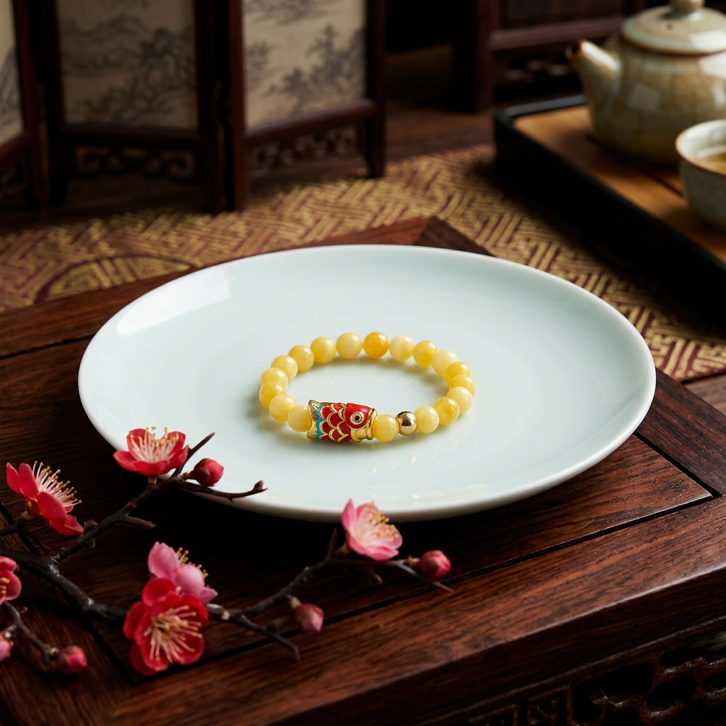24k 999 Gold Carp Koi Fish Charm Beads High-Quality Natural Beeswax Amber Bracelet