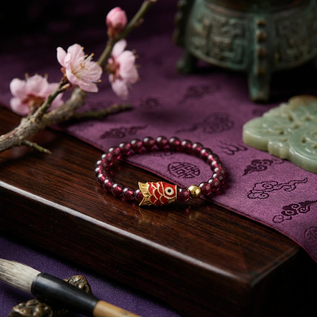24k 999 Gold Carp Koi Fish Charm Beads High-Quality Natural Garnet Ring