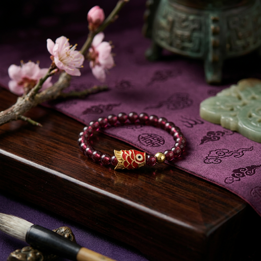 24k 999 Gold Carp Koi Fish Charm Beads High-Quality Natural Garnet Ring