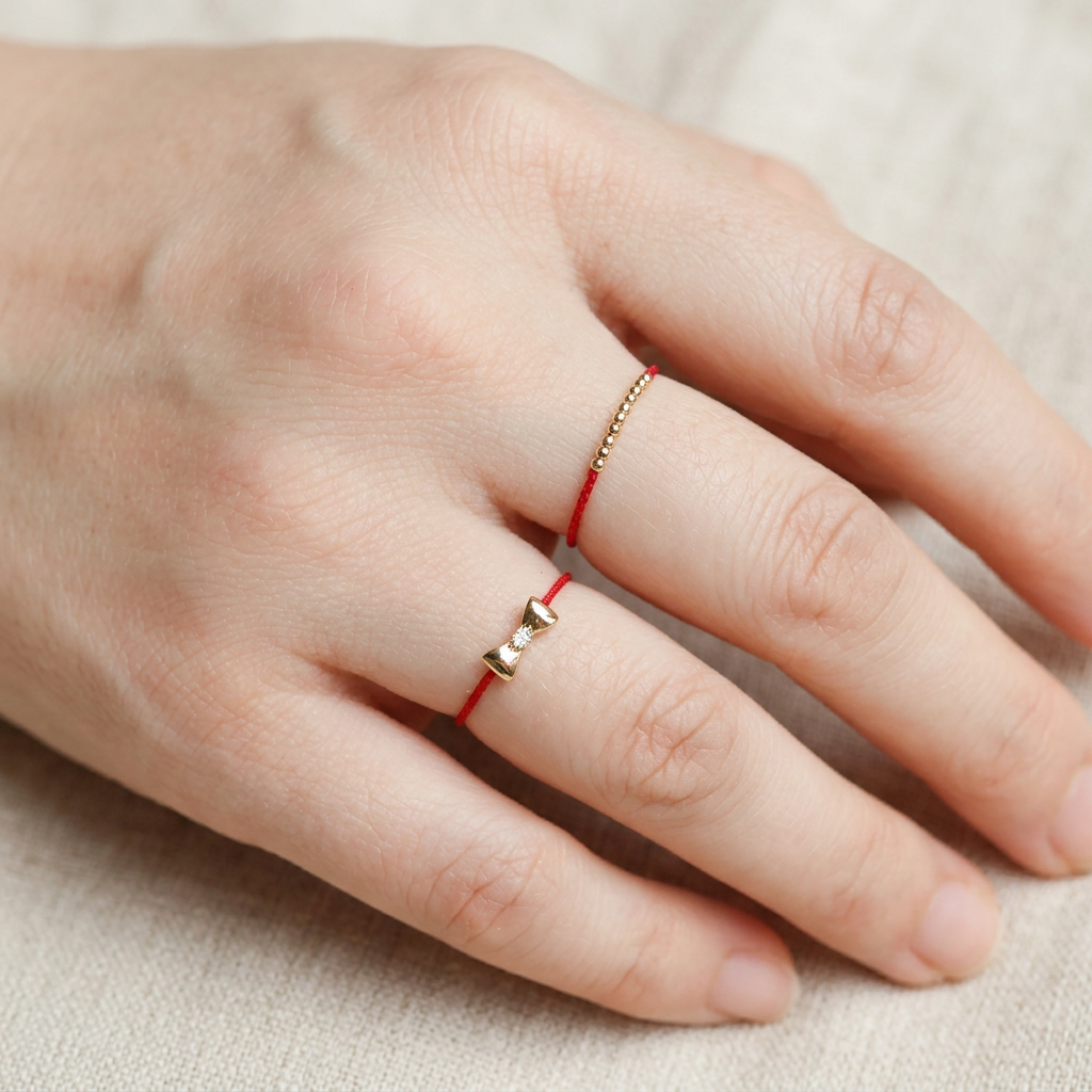 18k Gold Diamond Mini Bow Charm Adjustable Ultra-Fine Minimalist Cord Ring