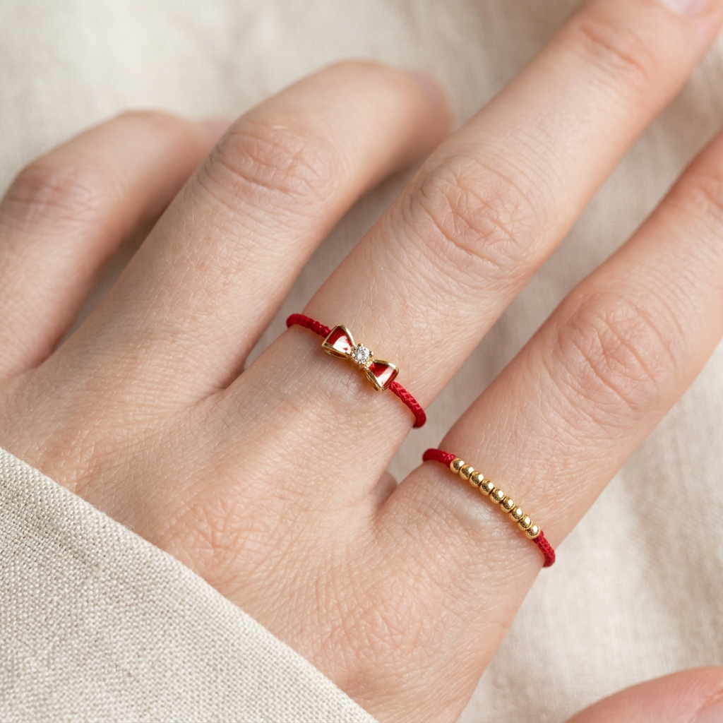 18k Gold Diamond Mini Bow Charm Adjustable Ultra-Fine Minimalist Cord Ring