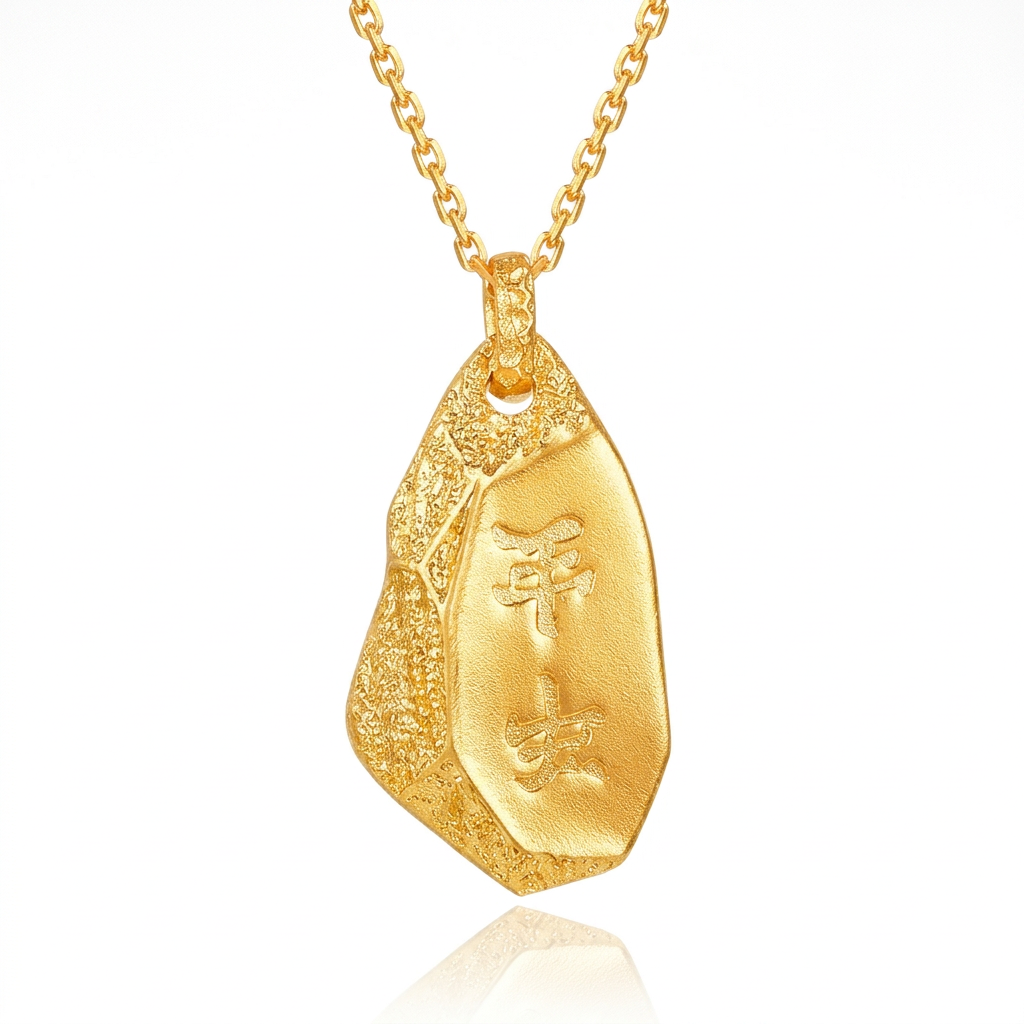 24k Solid Gold "Ping An" Chinese Peace Protection Blessings Pendant