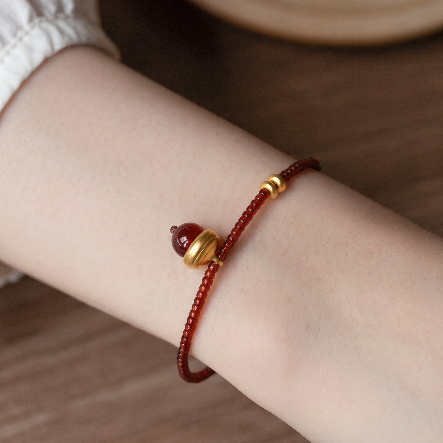 24k Pure 999 Gold Garnet Acorn Charm Bracelet