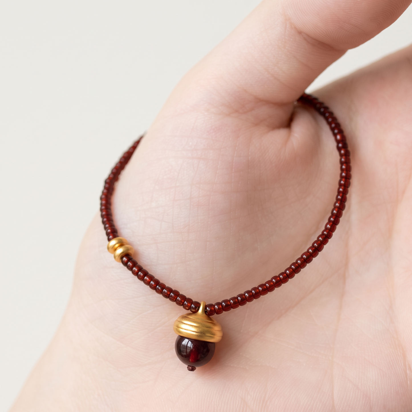 24k Pure 999 Gold Garnet Acorn Charm Bracelet