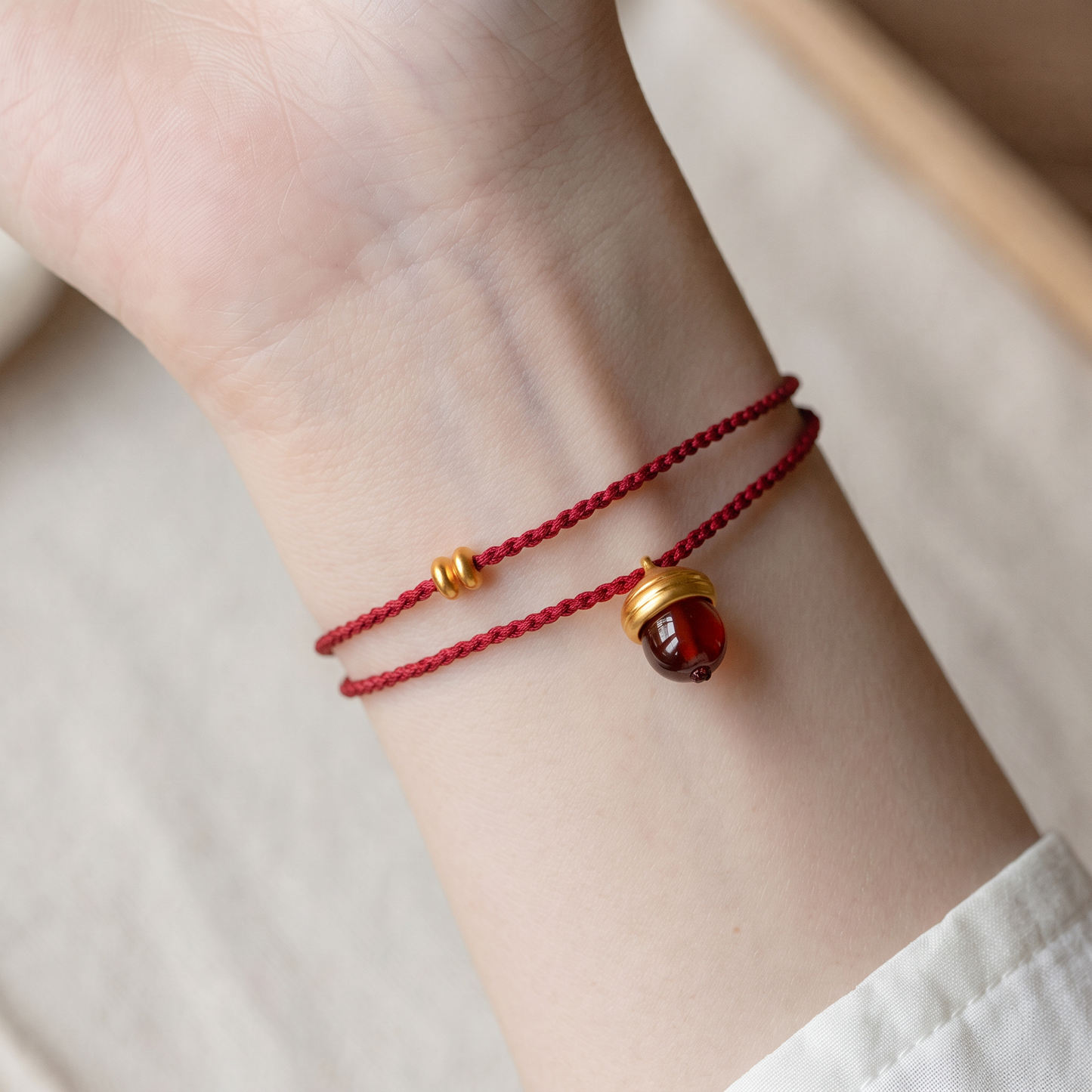 24k Pure 999 Gold Garnet Acorn Charm Bracelet