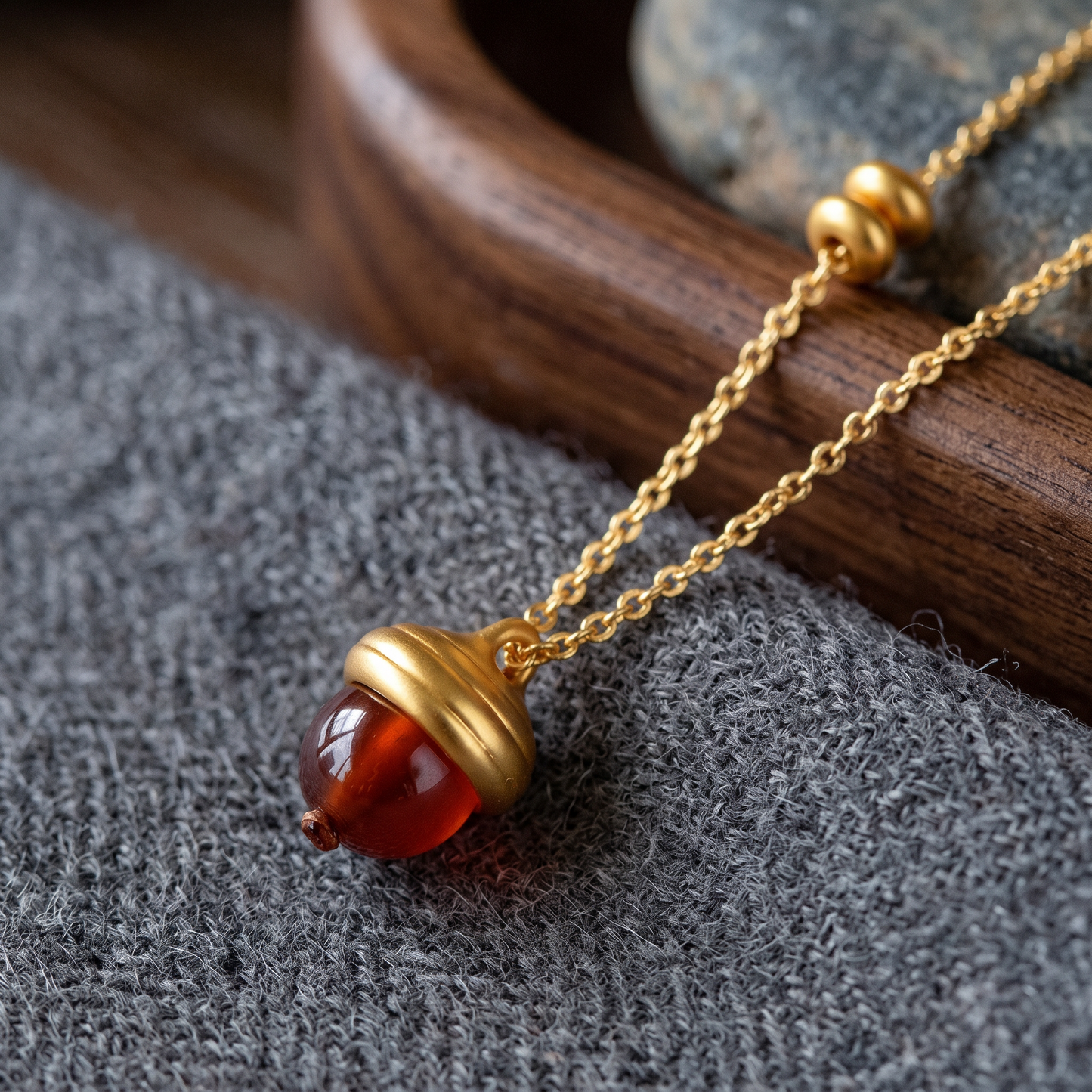 24k Pure 999 Gold Garnet Acorn Charm Pendant Necklace