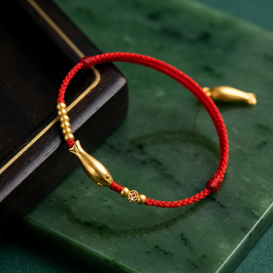 24K 999 Gold Lucky Koi Fish Charm Coins Beads with Weaving Bracelet