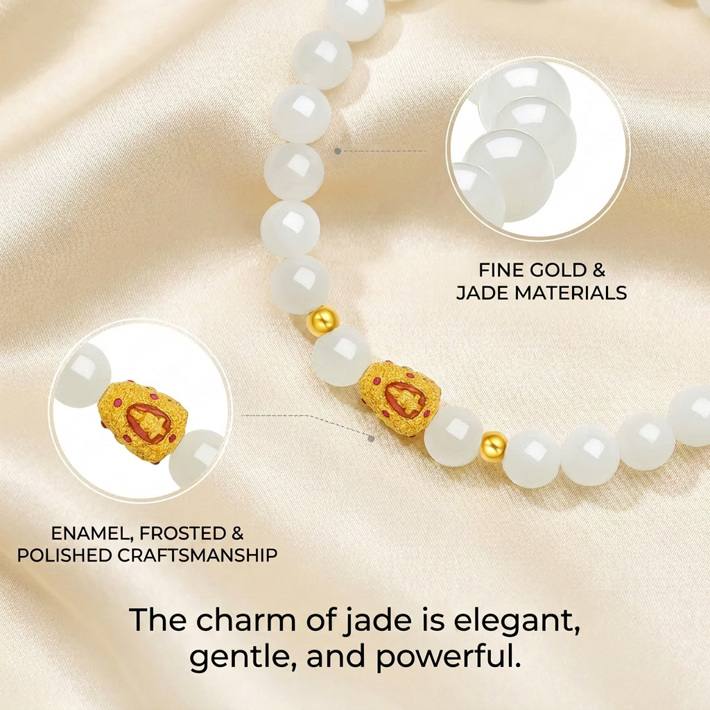 24K Gold Enamel Four-Faced Buddha Charm White Jade Beads Bracelet