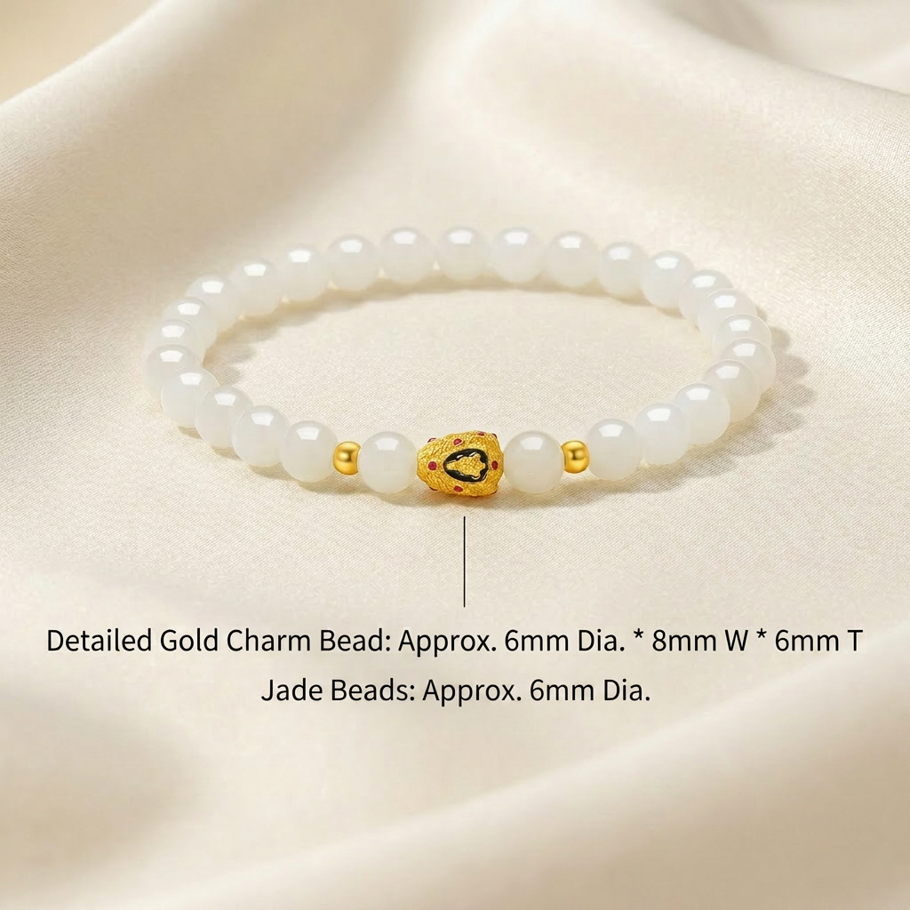 24K Gold Enamel Four-Faced Buddha Charm White Jade Beads Bracelet