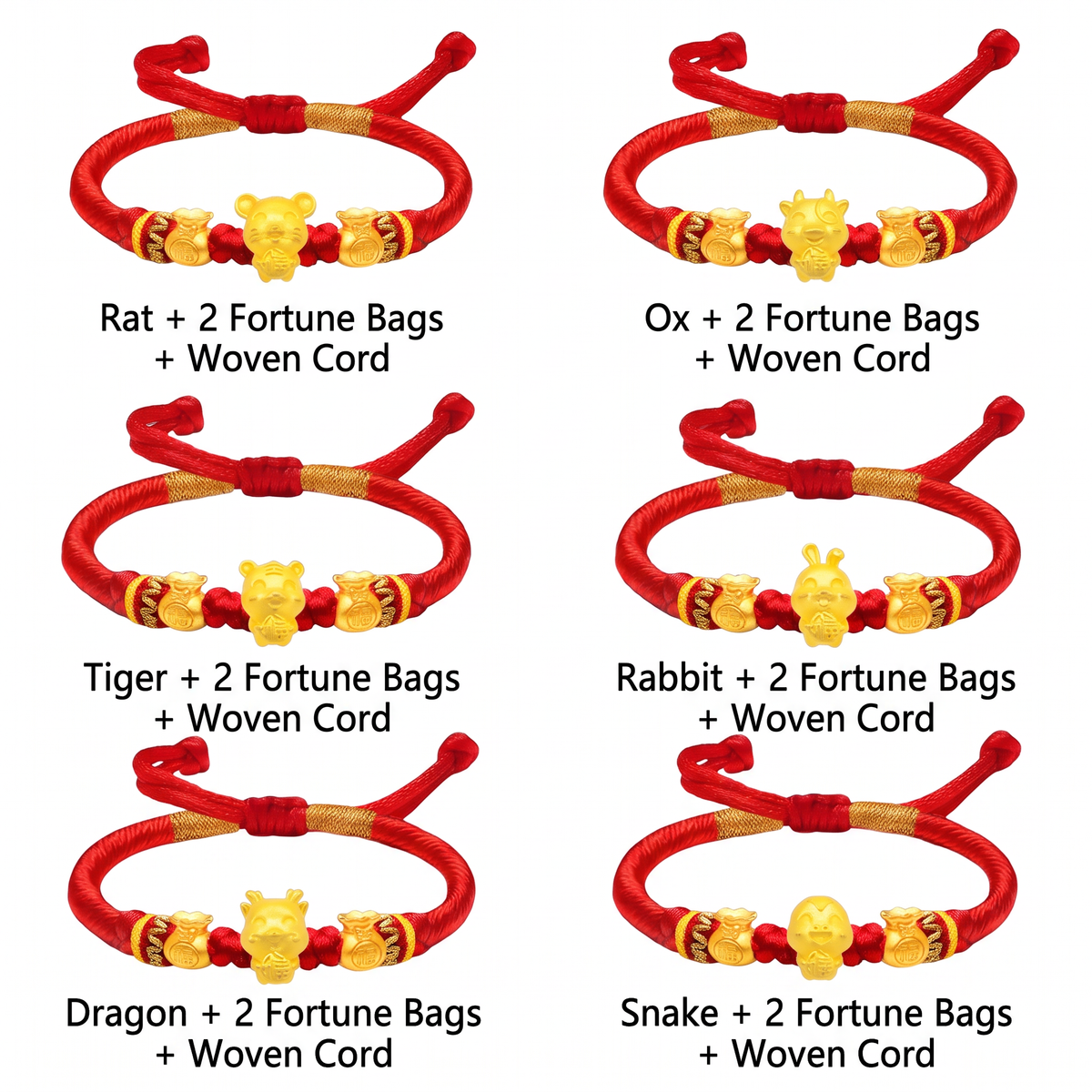 24K 999 Gold 12 Zodiac Horse Sheep Animal Charm Adjustable Woven Bracelet Babyshower Kid Birthday Gift