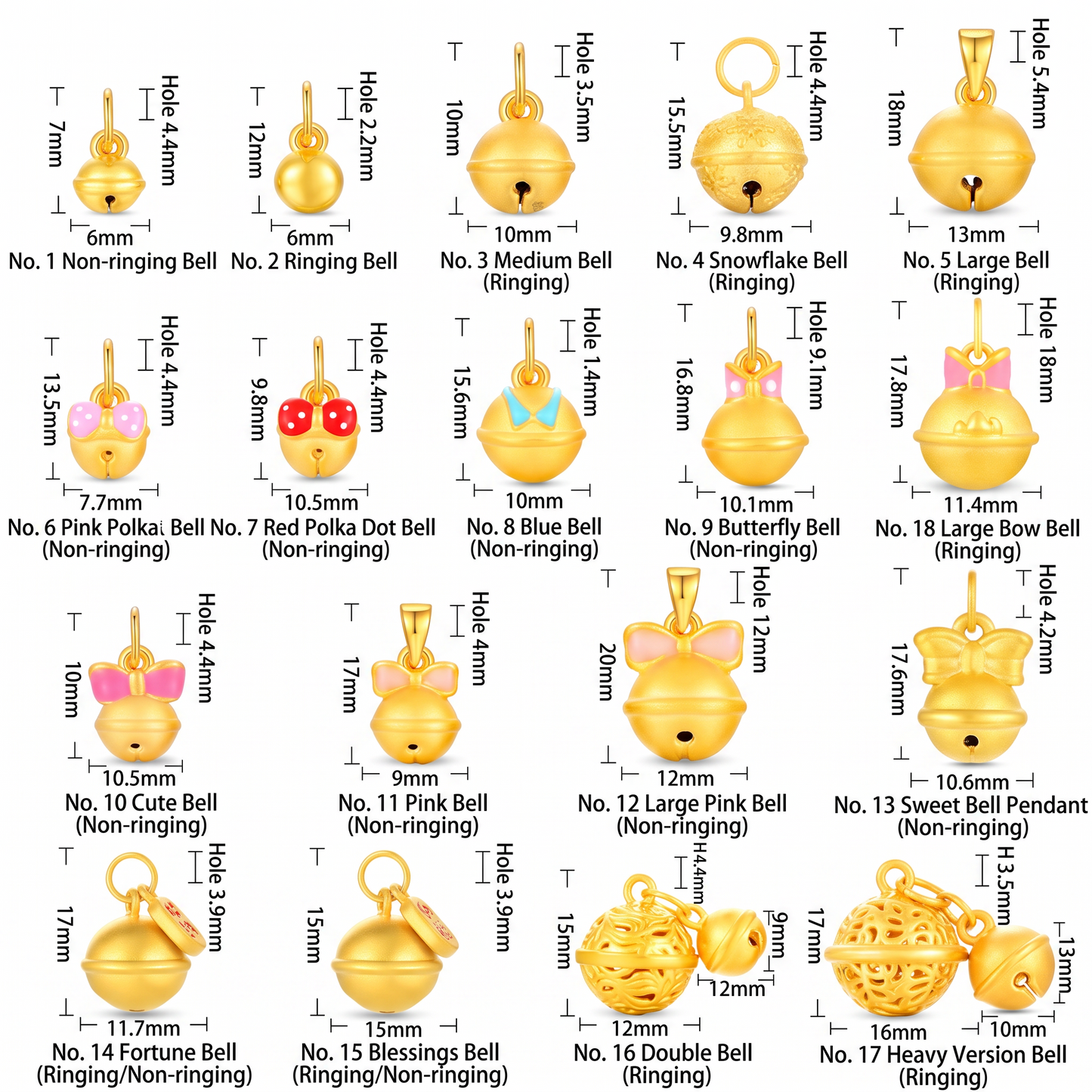 24K 999 3D Gold Mini D.I.Y Bell Sound Bow Style Charm