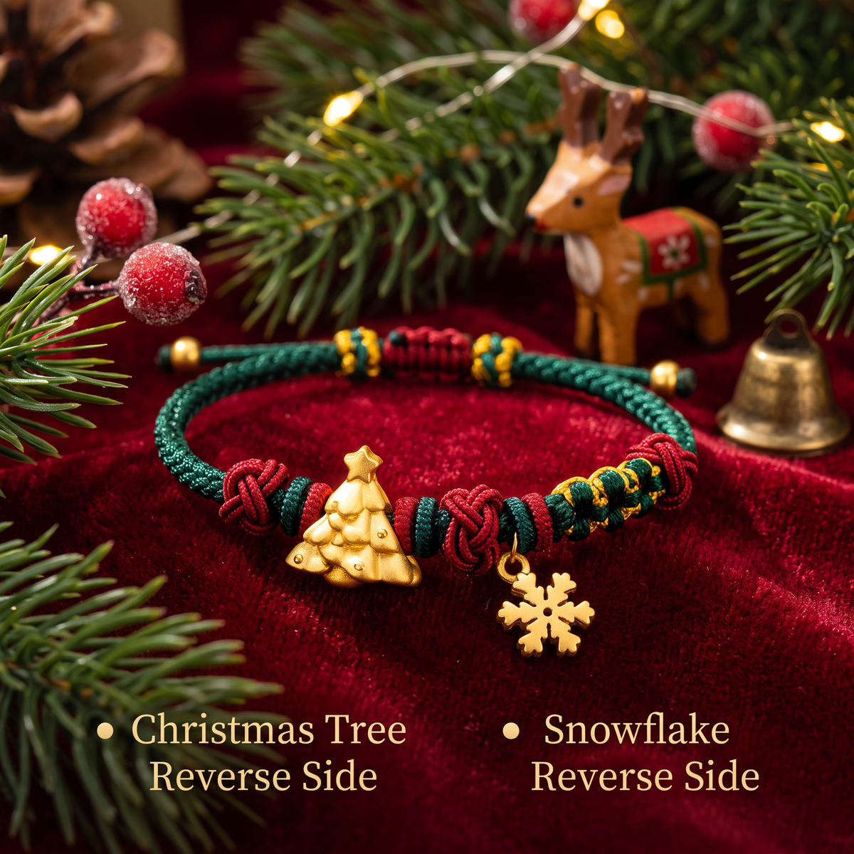 24k 999 Christmas Holiday Tree Snowflake Charm Cord Adjustable Bracelet