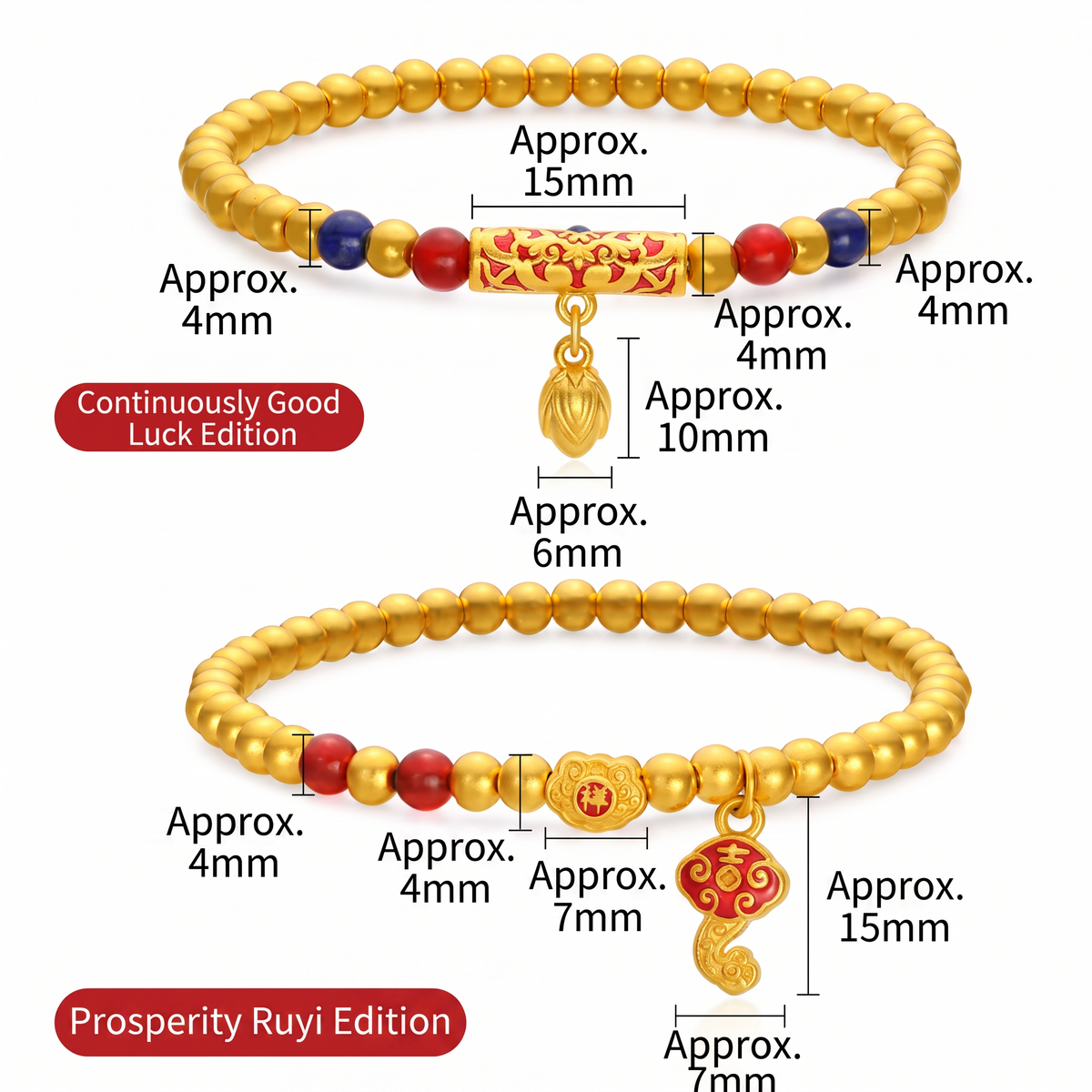 24k 999 Gold Ruyi Enamel Charm Beads Elastic Bracelet