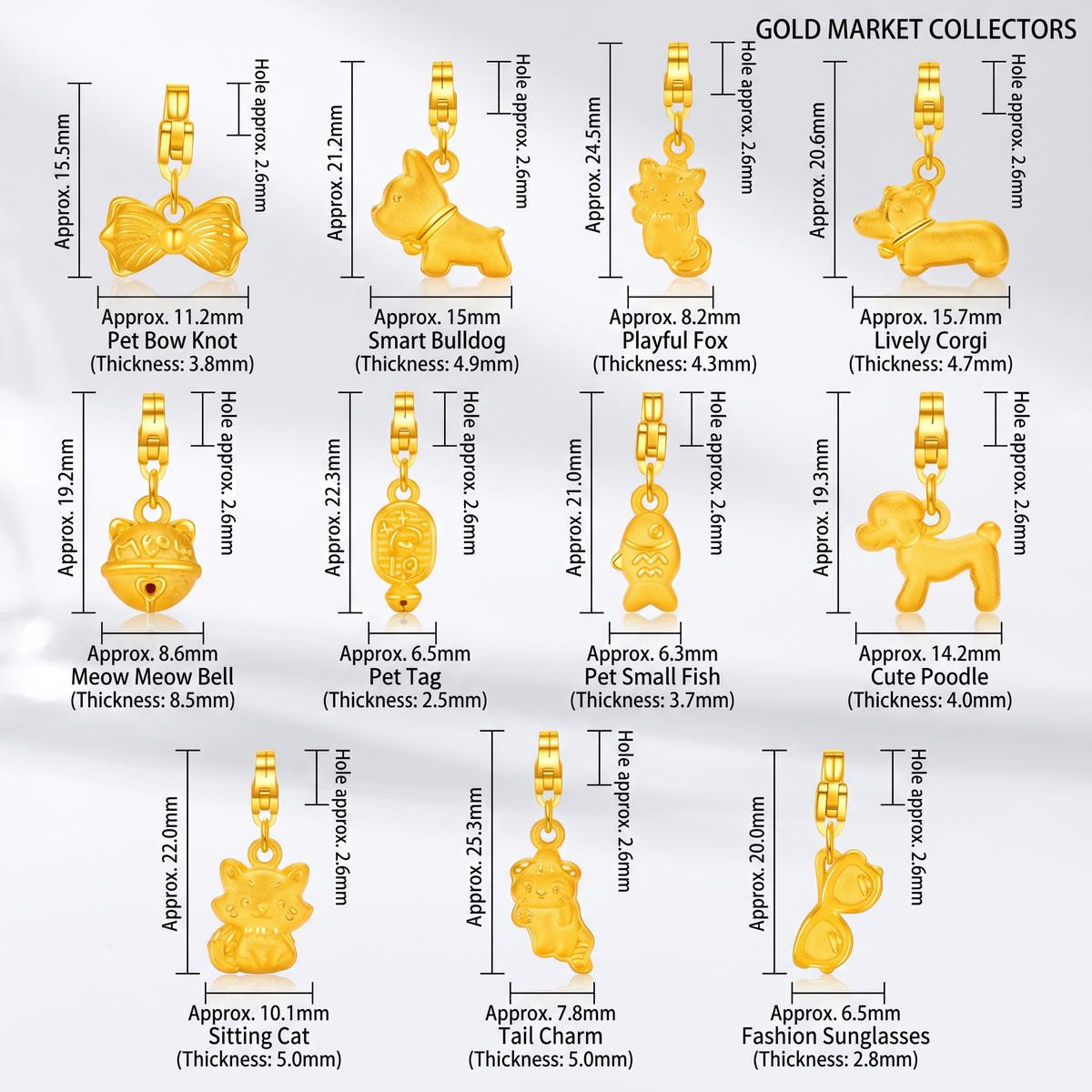 24k 999 Gold Mini Charm D.I.Y Cat Dog Family Kitten Fish Charms