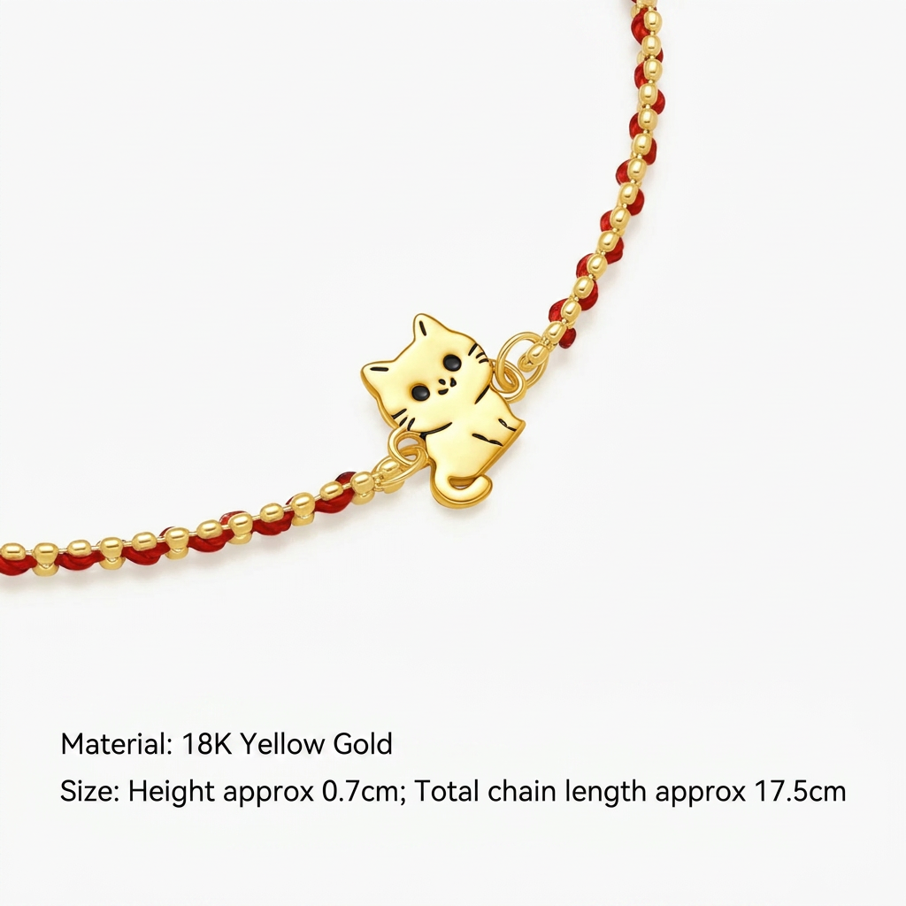 18K Fine Gold Cute Kitty Cat Charm Red String Cord Bracelet