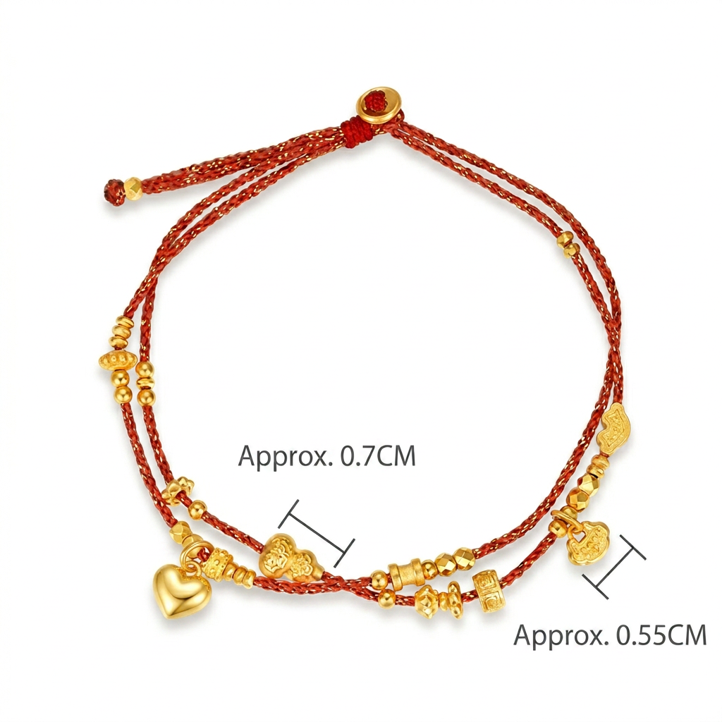 24K 999 Gold Charm Beads Gourd Ruyi Lock Adjustable Cord Bracelet