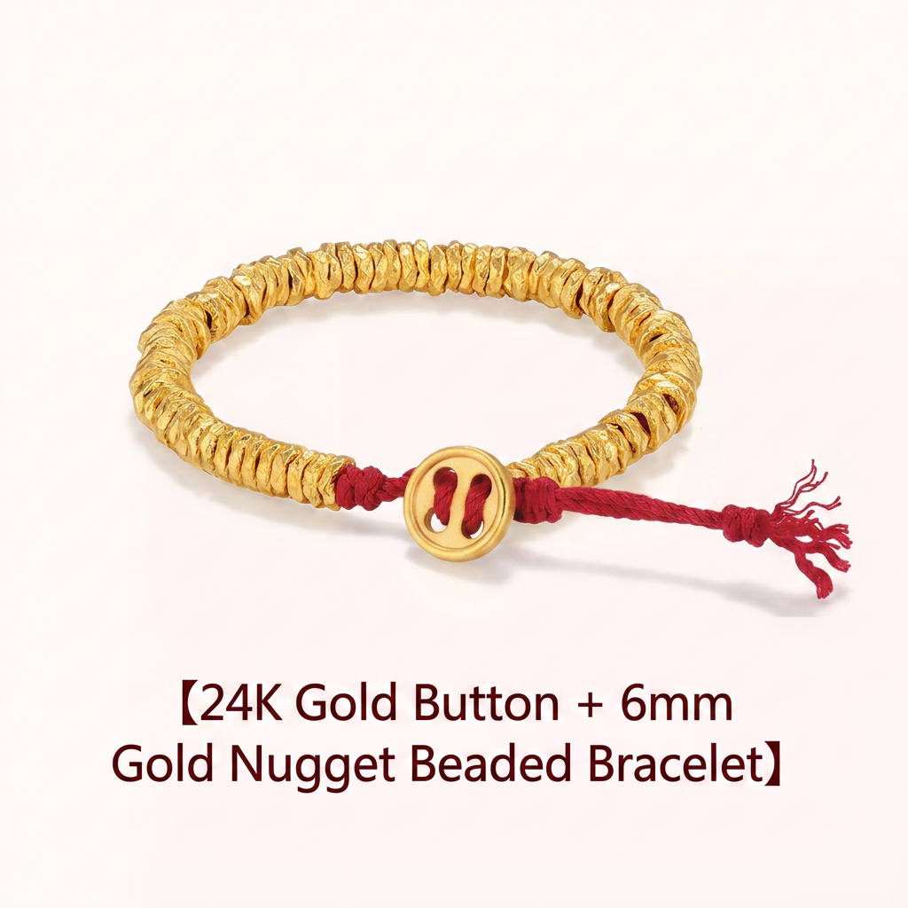 24K 999 Gold Button Charm and Beads Weaving Bracelet