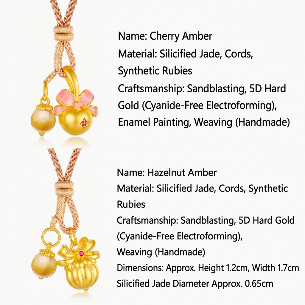 24K 5D Hard Gold Cute Amber Berry Cherry Hazelnut Charms Braided Rope Necklace