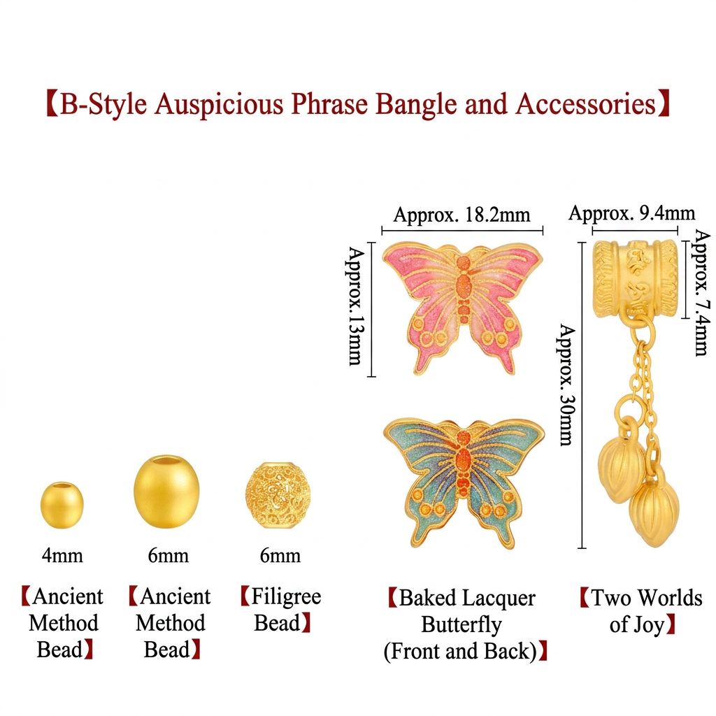 24K 999 Gold Auspicious Words Butterfly Charm Good Luck Half Bangle Bracelet