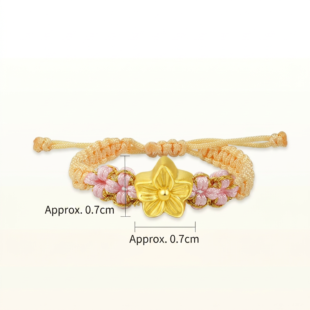 24K 999 Gold Cherry Blossom Flower Charm Braided Adjustable Ring