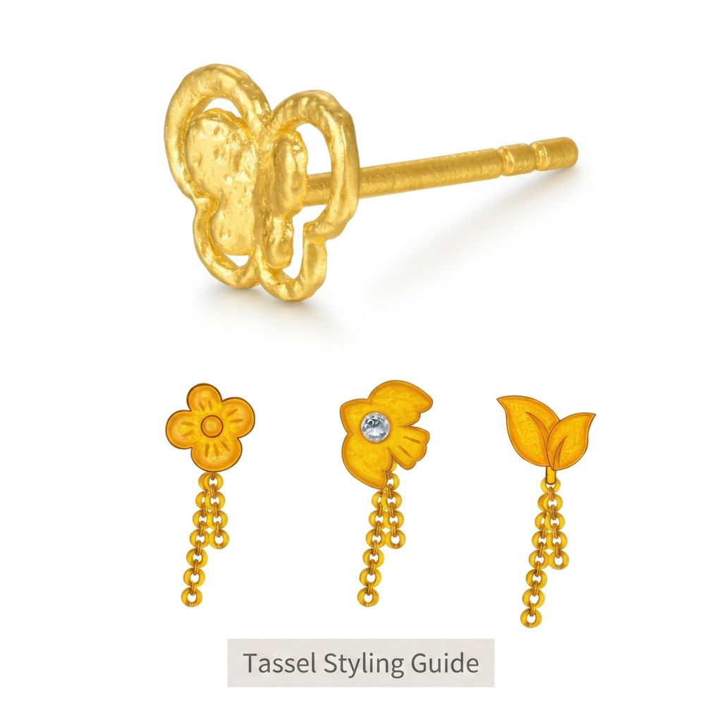 24K Fine Gold Minimal Butterfly Leaf Bird Tassel Stud Earrings
