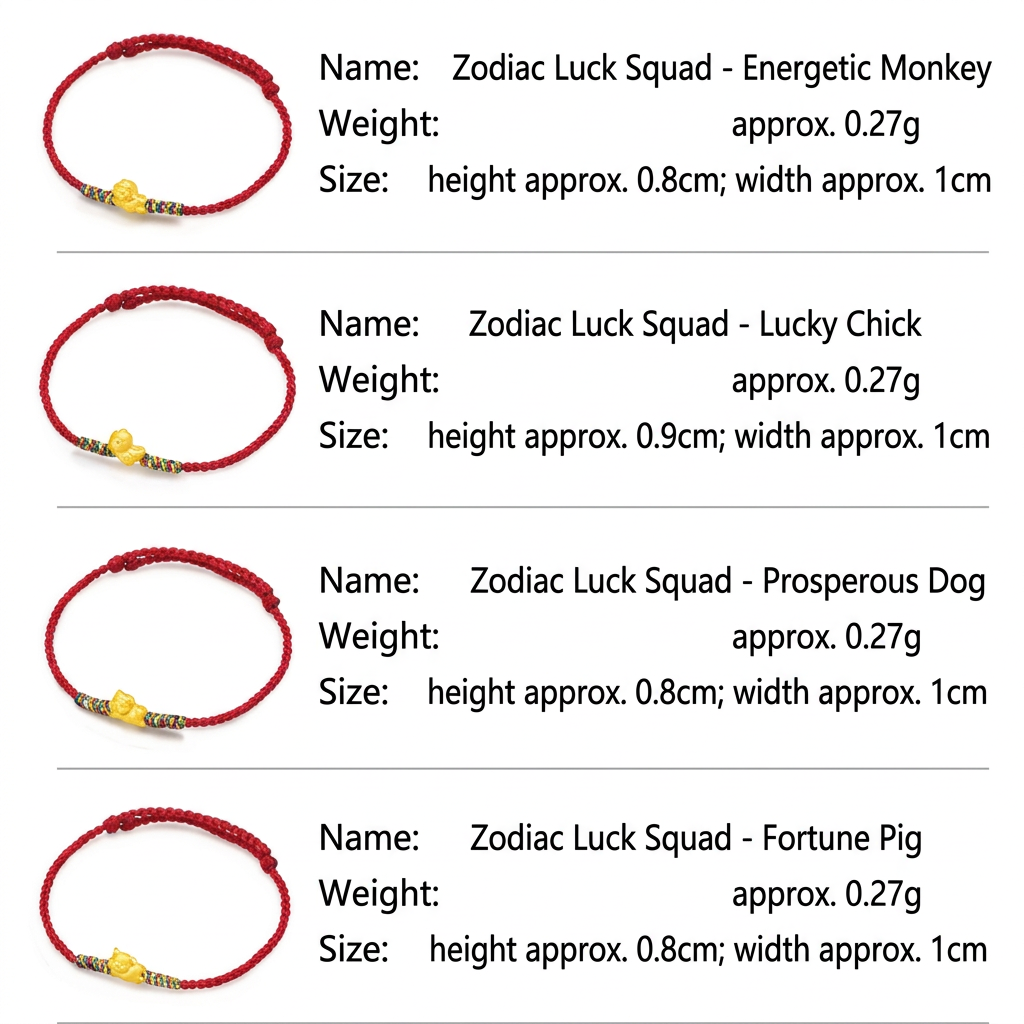 24K Gold 12 Zodiac Animal Horse Dragon Charm with Braided Bracelet