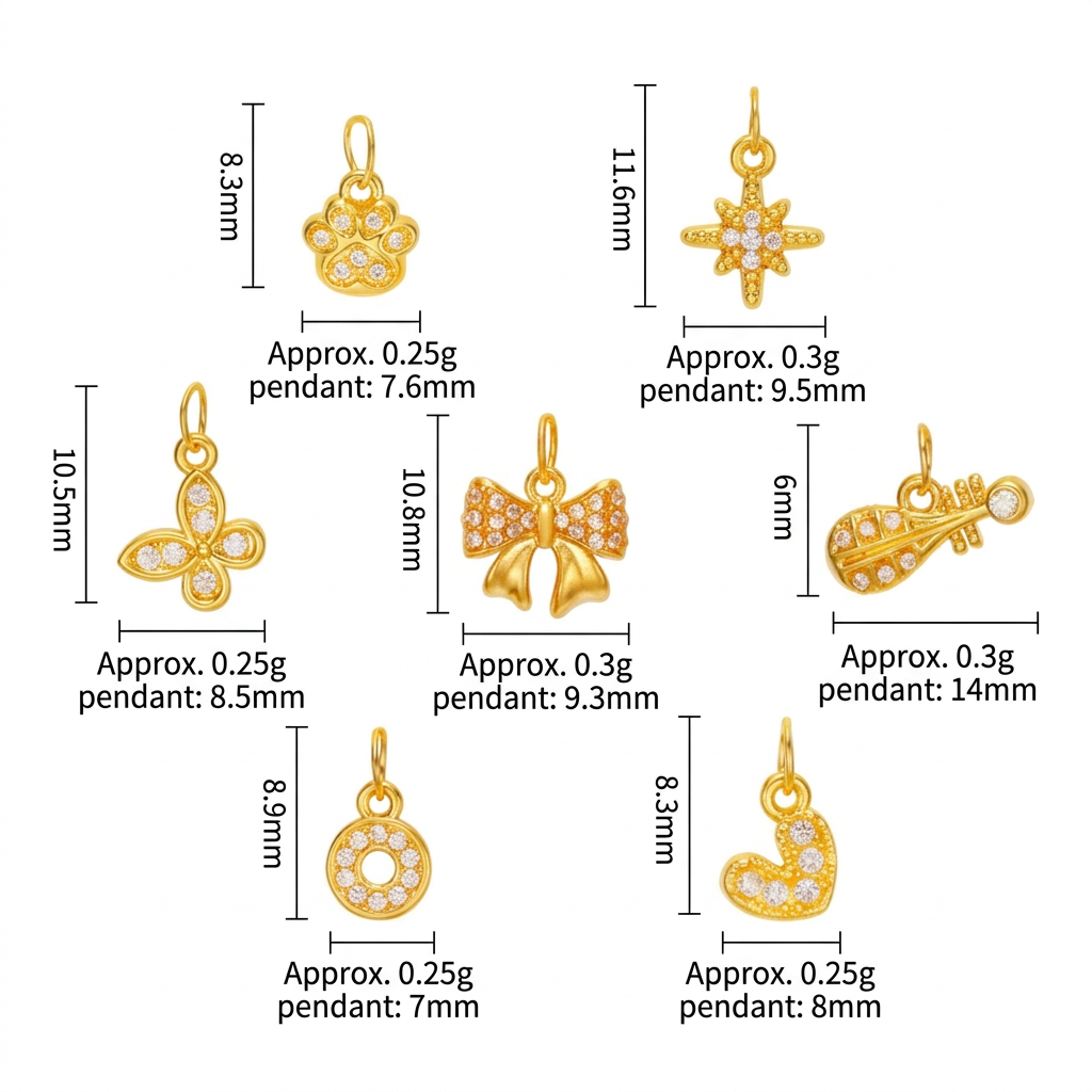 24K 999 Gold Zircon Mini Charms D.I.Y Butterfly Bow Heart Shape