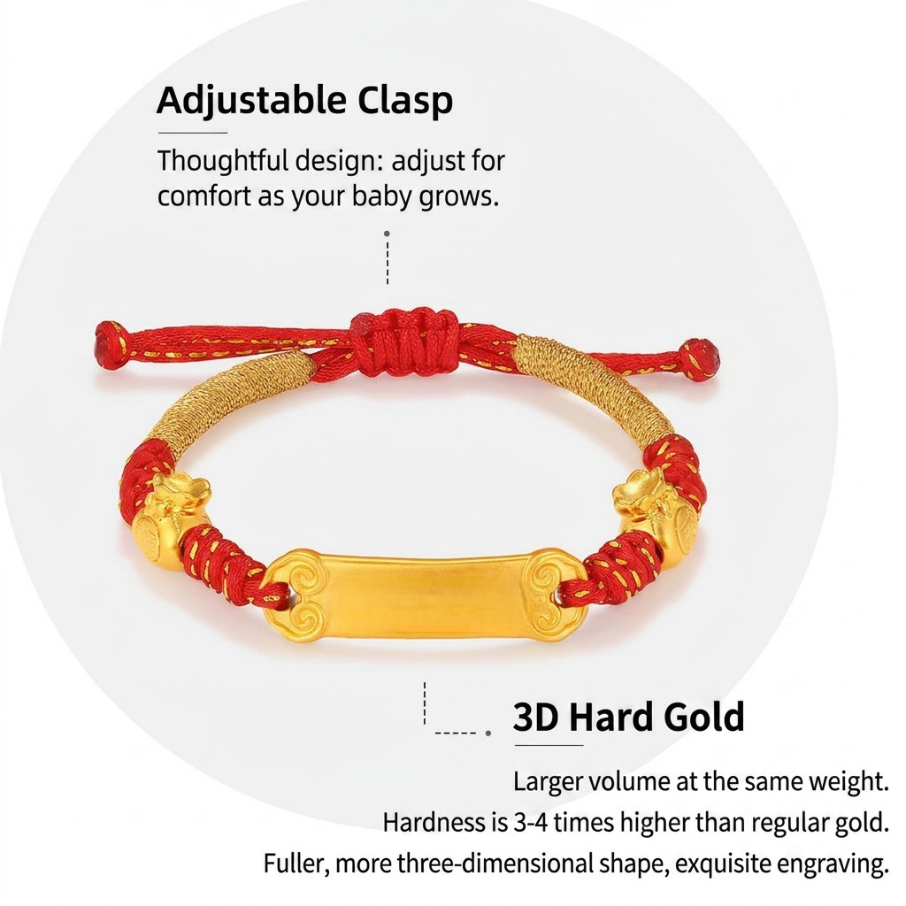 24K 999 Gold Red String Braided Bracelet Peace & Joy Charm for Infants and Children