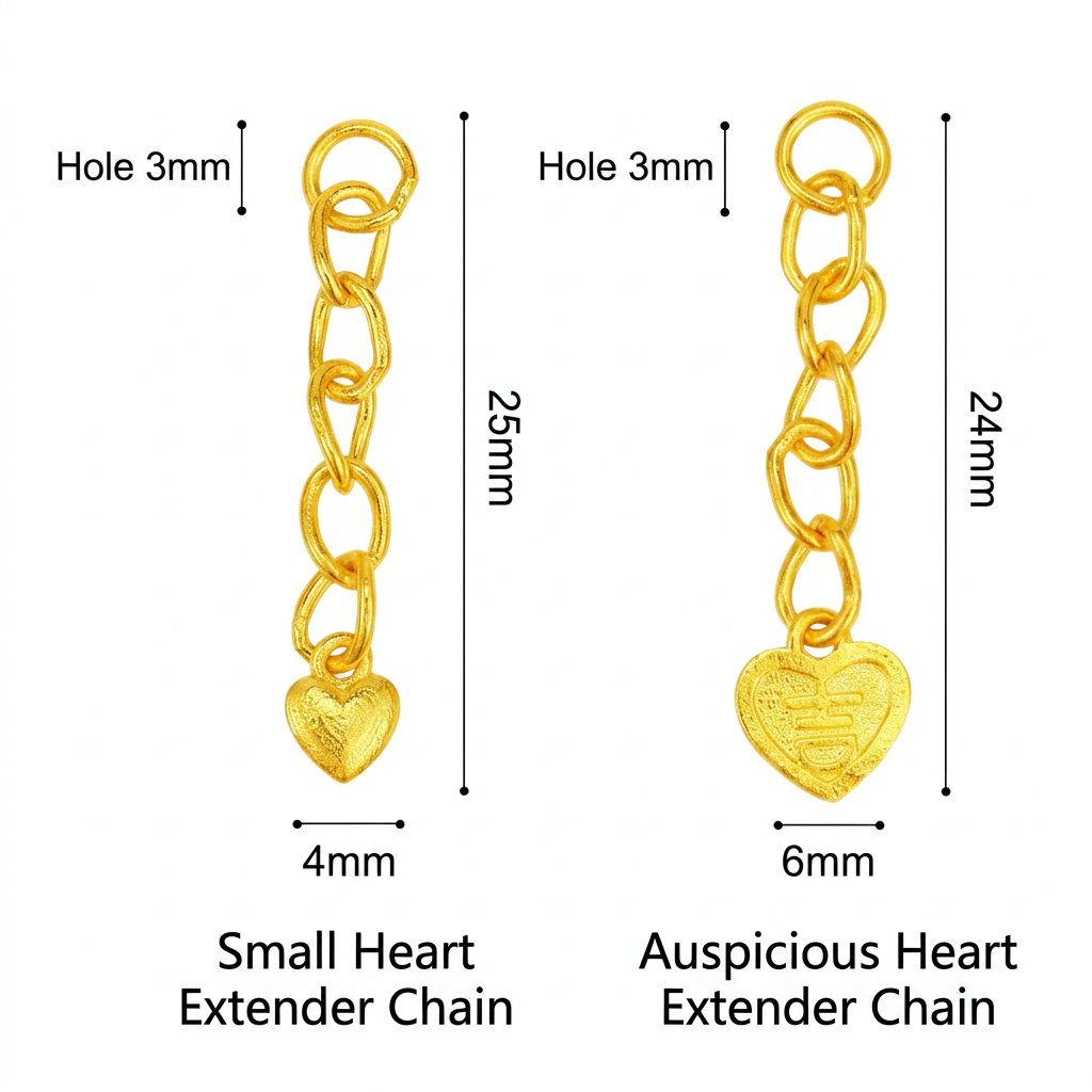 24K 999 Solid Gold Mini Extension Chain Link Heart Blessing Charm