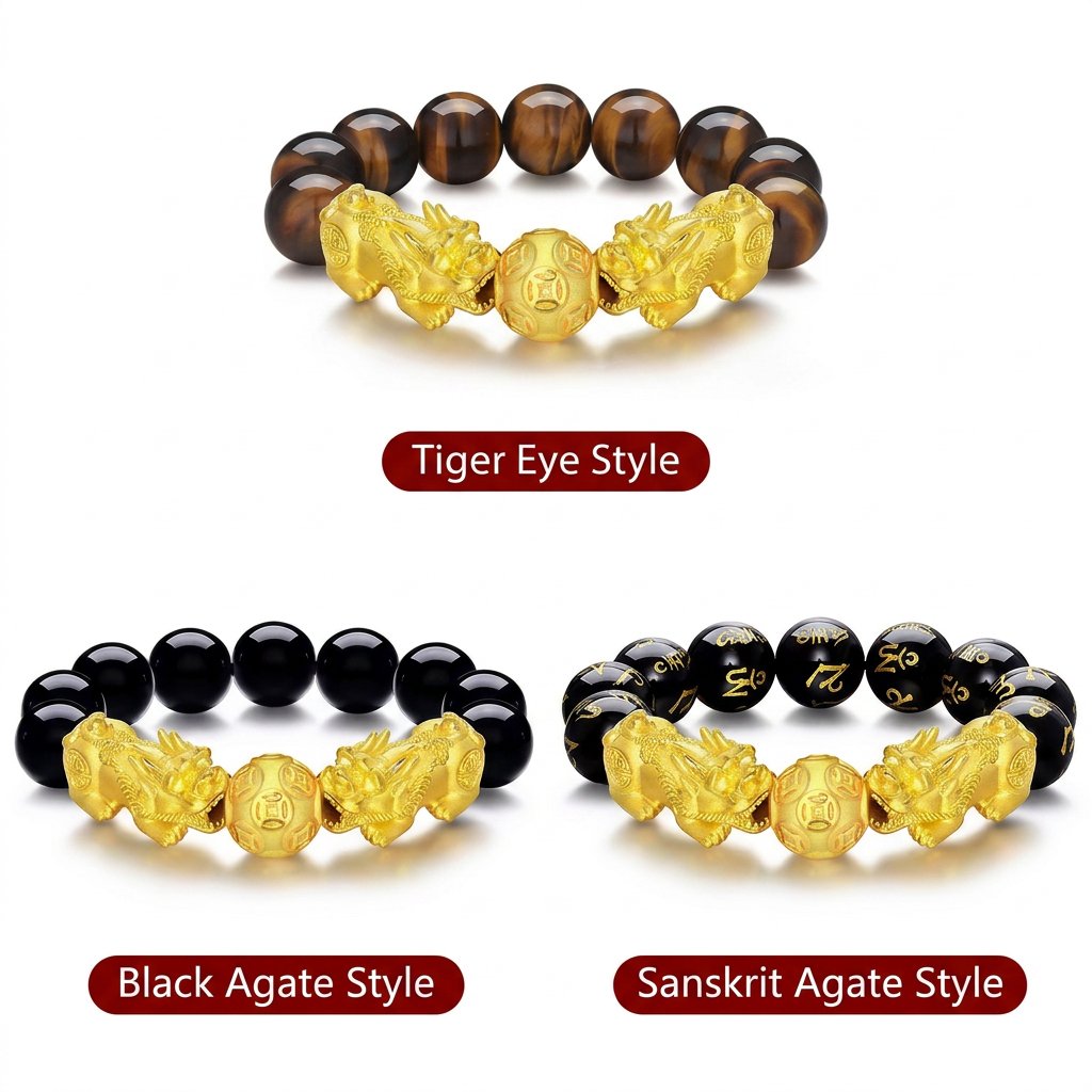 24K 999 Gold Pixiu Wealth Charm Tiger Eye Black Agate Sanskrit Beads Unisex Bracelet