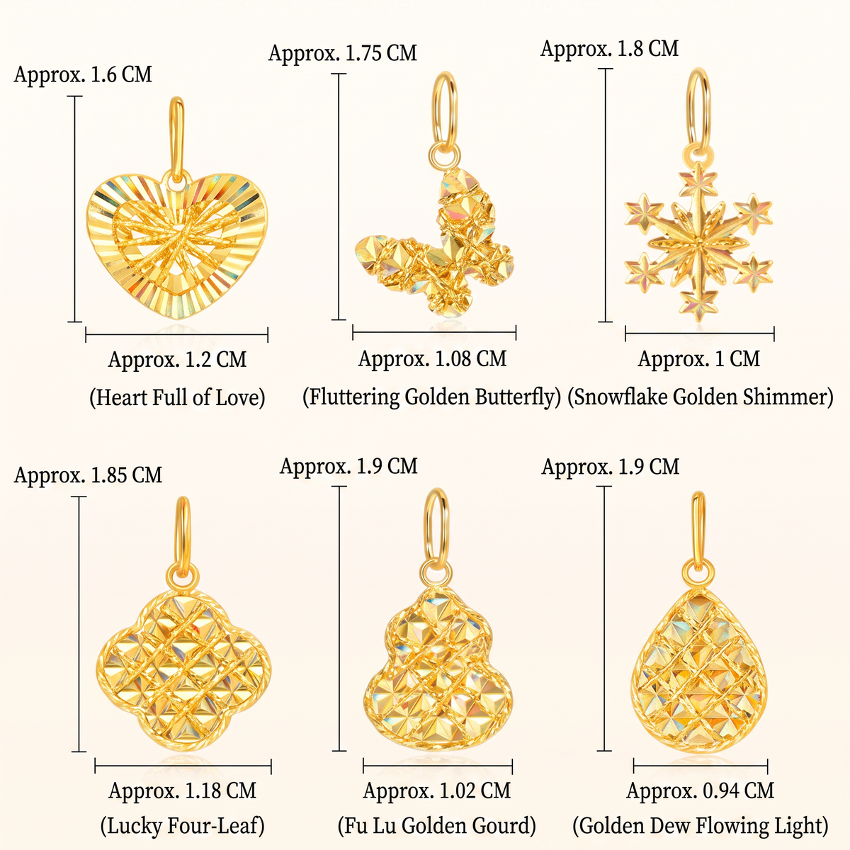 24K Gold Shimmer Clover Gourd Heart Butterfly Snowflake Shape Pendant